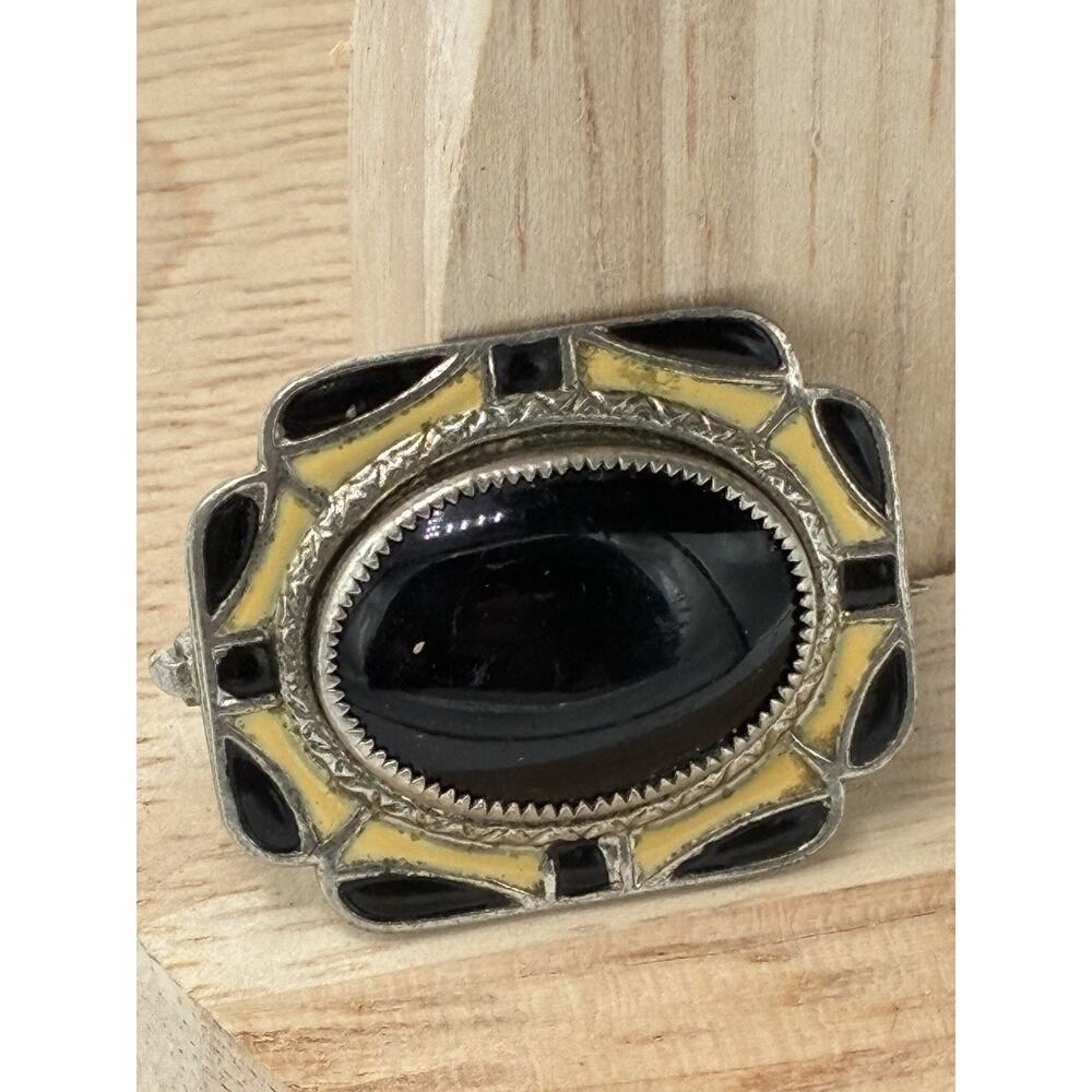 Vintage Art Deco Brooch Black Cabochon Yellow Black Enamel Silver Tone 1920s